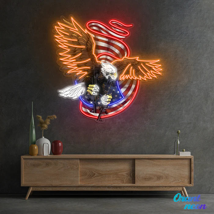 Patriotic Eagle and Guns UV Art Led Neon sign US Flag - Immerse yourself in patriotic brilliance. Get yours at manhattanneons.com