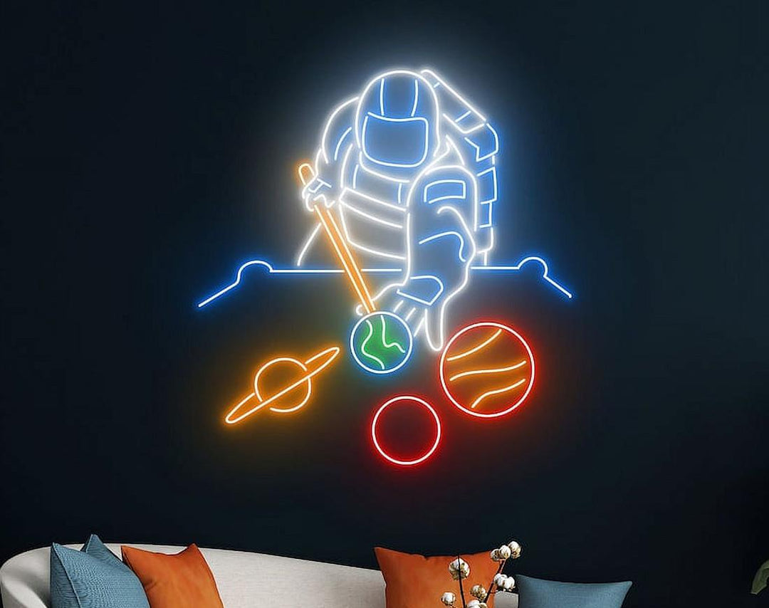 Playing Snooker with Planets LED Neon Sign by manhattanneons.com - Fun galactic game in glowing neon.