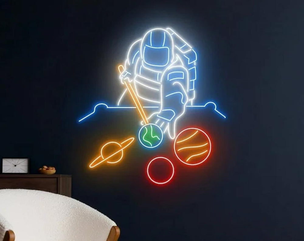 Playing Snooker with Planets LED Neon Sign by manhattanneons.com - Fun galactic game in glowing neon.