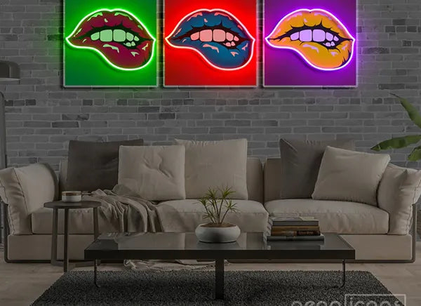 Pop Art Lips UV Art Led Neon sign x acrylic artwork adding a splash of color to your space. Explore more at manhattanneons.com