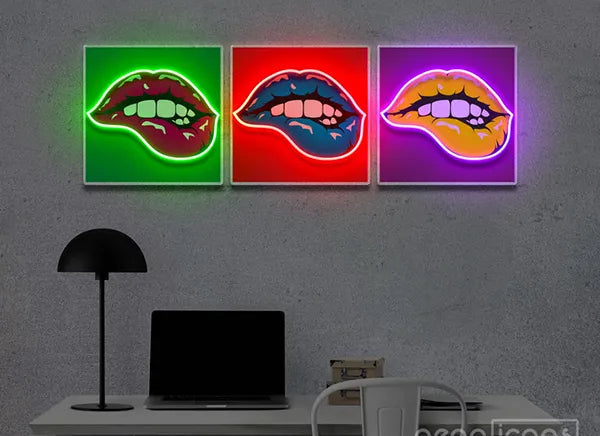 Pop Art Lips UV Art Led Neon sign x acrylic artwork adding a splash of color to your space. Explore more at manhattanneons.com