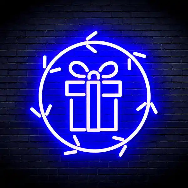 Present in Holly Wreath Merry Christmas Neon Sign by manhattanneons.com - Celebrate the season with this festive neon sign featuring a present and holly wreath.