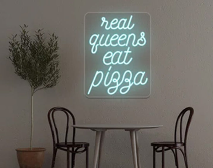 Real Queens Eat Pizza LED Neon Sign by manhattanneons.com - Bold neon for pizza lovers.