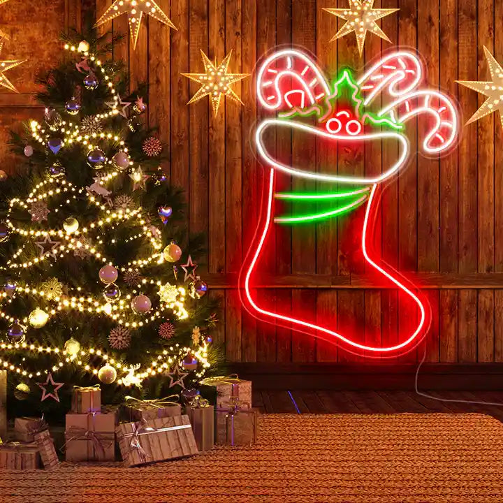 Stocking Merry Christmas Neon Sign by manhattanneons.com - Add festive cheer to your space with this stocking neon sign.