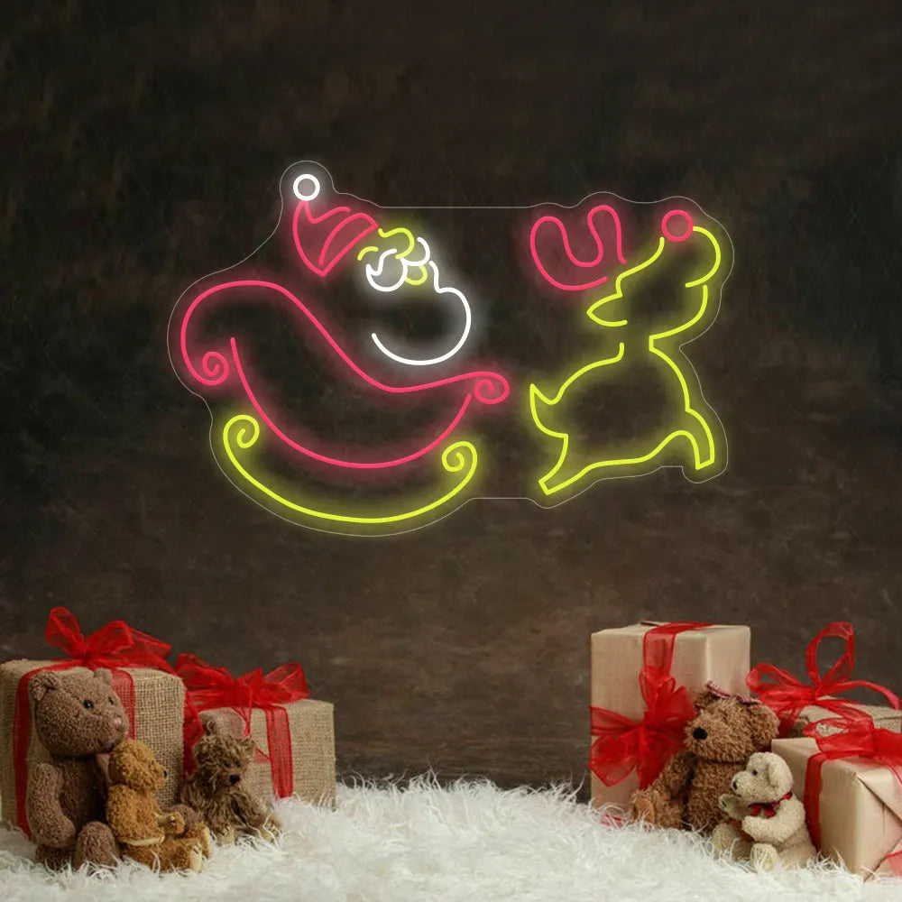 Santa Claus and Christmas Deer Neon Sign by manhattanneons.com - Bring festive charm to your space with this Santa and deer neon sign.