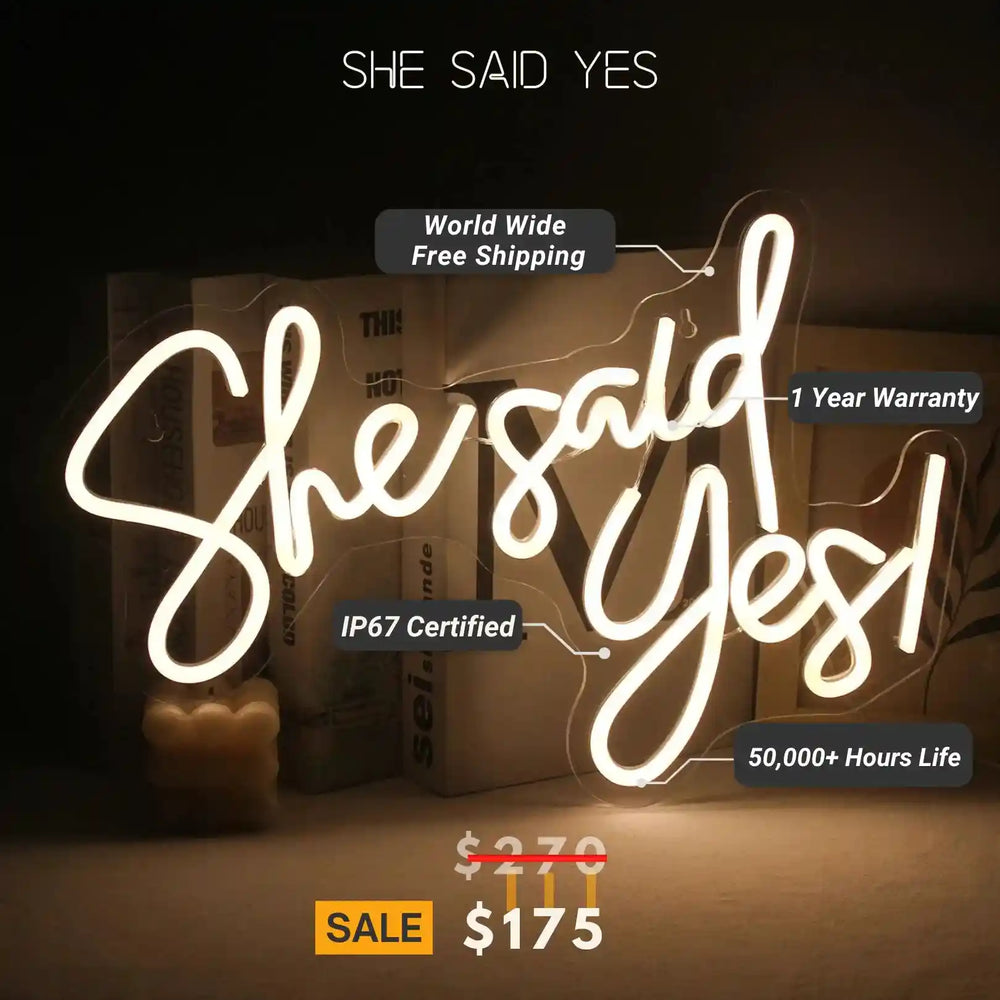 Celebrate the moment with the She Said Yes wedding neon sign from ManhattanNeons.com, lighting up your joy.