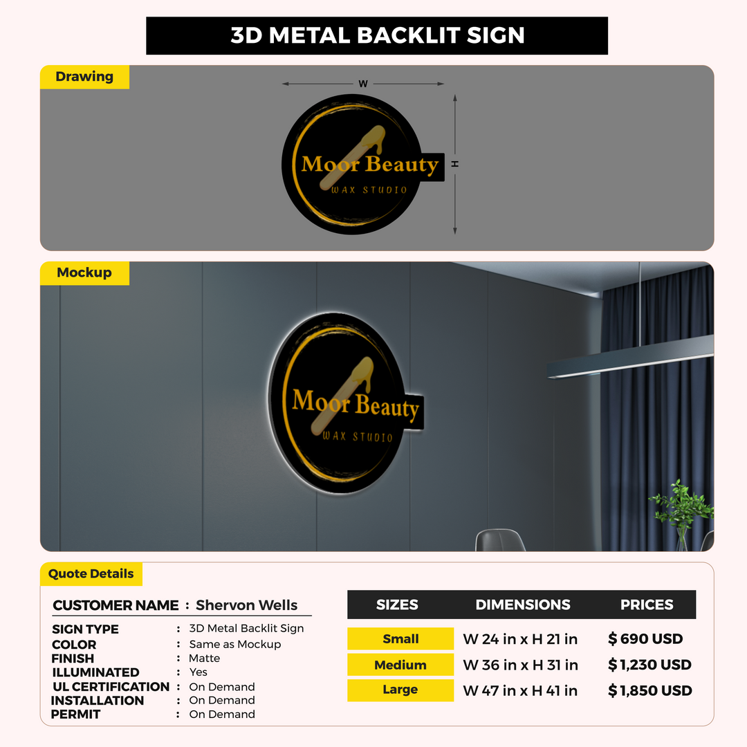 3D Metal backlit Sign For Shervon Wells