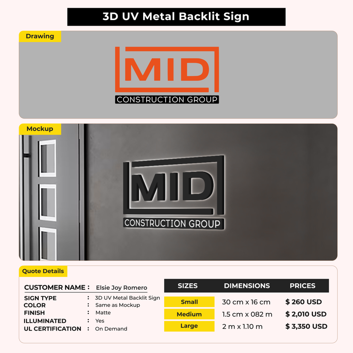 3D UV Metal Back-lit Sign For Elsie Joy Romero