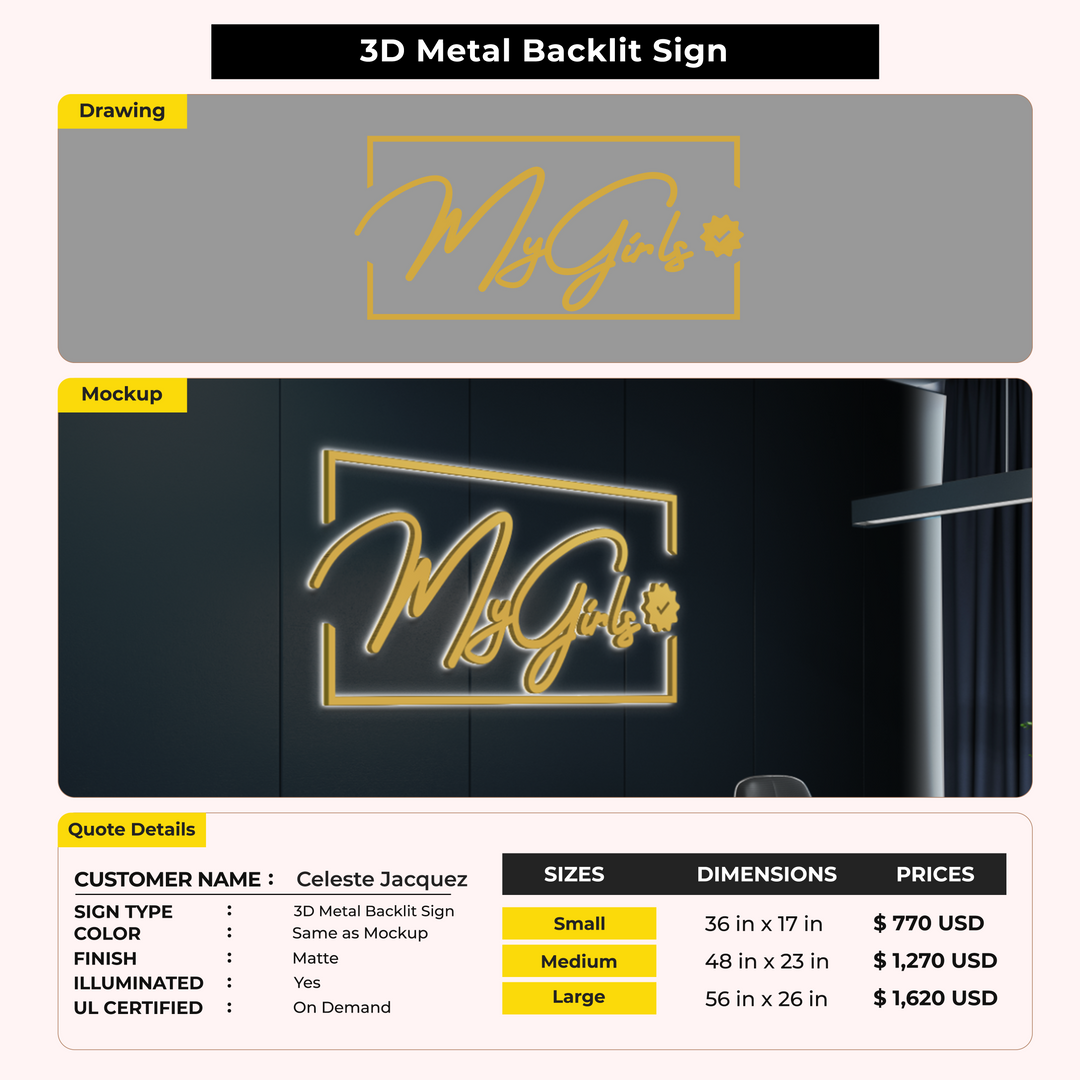 3D Metal Back-lit Sign For Celeste Jacquez