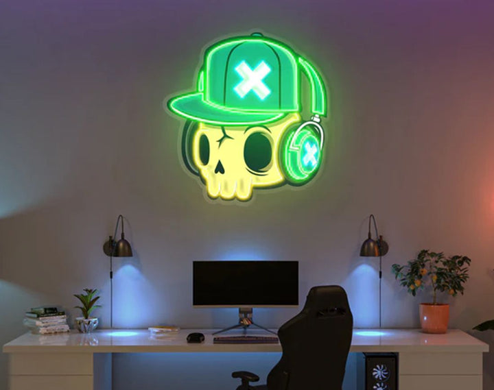 Skull And Headphones LED Neon Sign by manhattanneons.com - Music and edge in neon form.