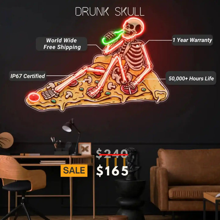 Skull Drunk UV Light Neon Artwork - Bold and Vivid Design - Easy Setup - from manhattonneons.com.