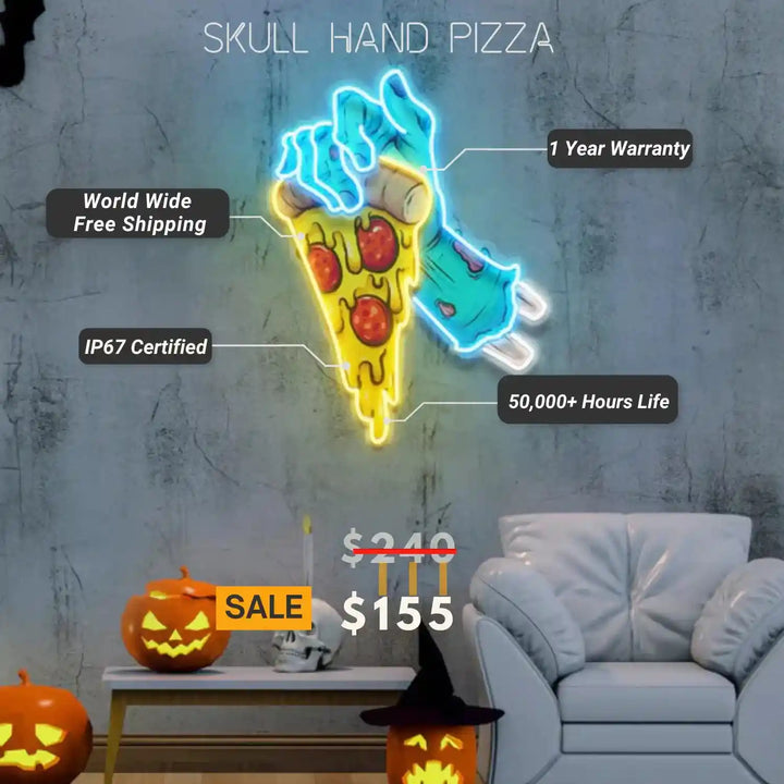 Skull Hand Pizza Halloween LED Neon Sign by manhattanneons.com - Transform your space with Halloween LED Neon Sign