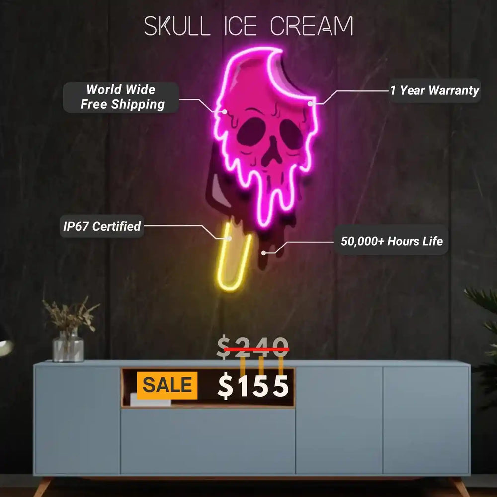 Skull Ice Cream UV Light - Unique Neon Artwork with Installation Kit - from manhattonneons.com.