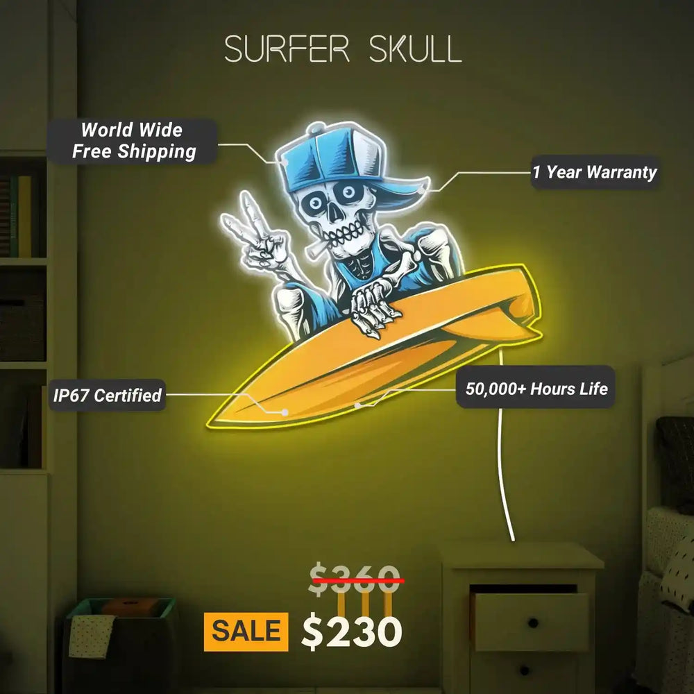Surfer Skull UV Light | Dazzling Neon Art for Your Space - from manhattonneons.com.