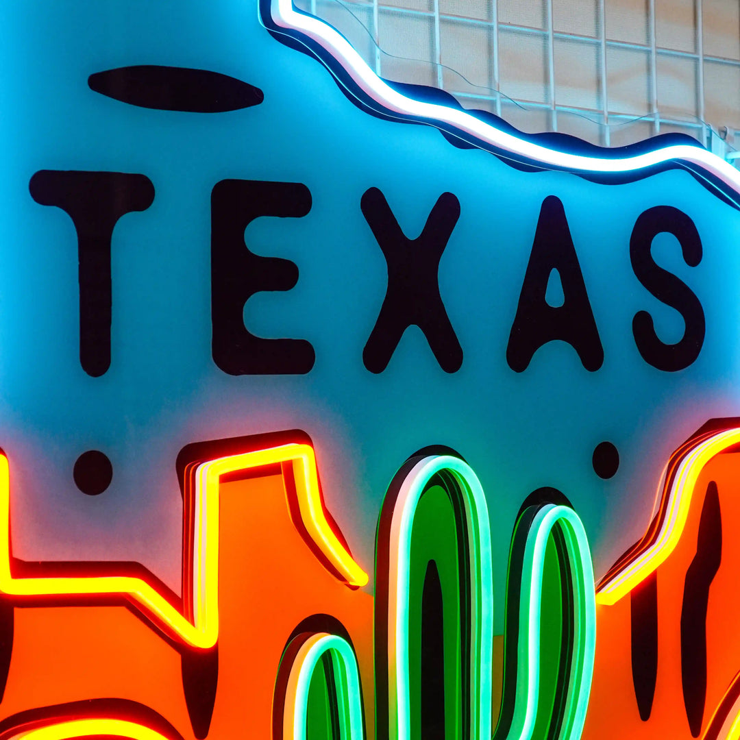 Texas Map UV Art Led Neon sign Light shining brightly, bringing a splash of color to your room. Get yours at manhattanneons.com