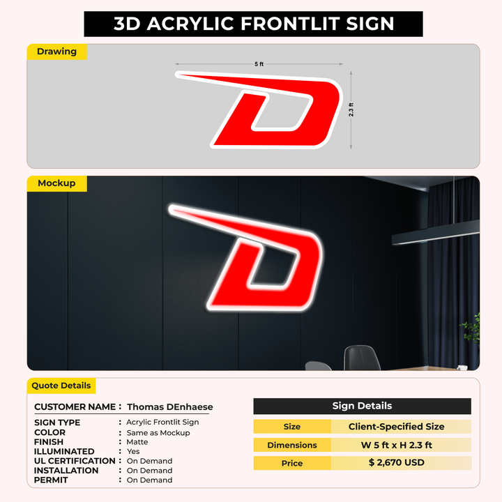 3D Acrylic Frontlit Sign for Thomas DEnhaese