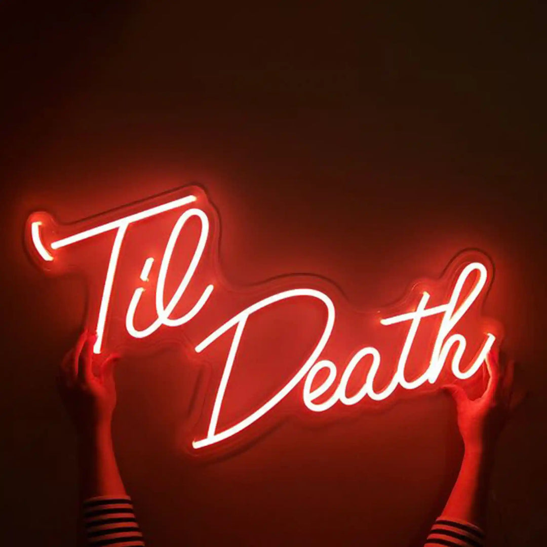 Radiant in red, the Till Death wedding neon sign from ManhattanNeons.com adds a bold touch to your celebration.