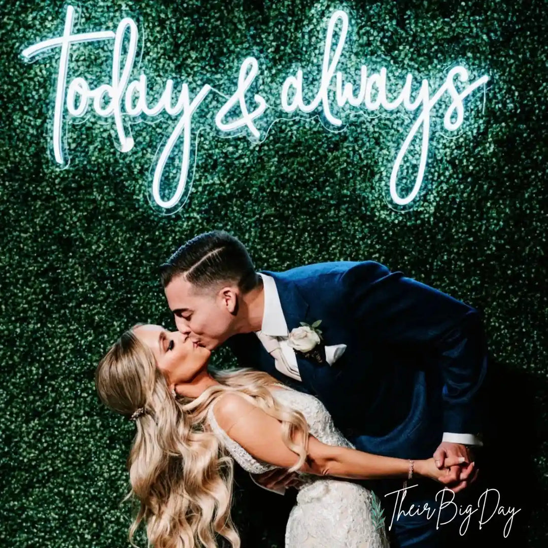 Capture your forever love with the Today And Always wedding neon sign from ManhattanNeons.com, perfectly complementing a sweet kiss in the picture.