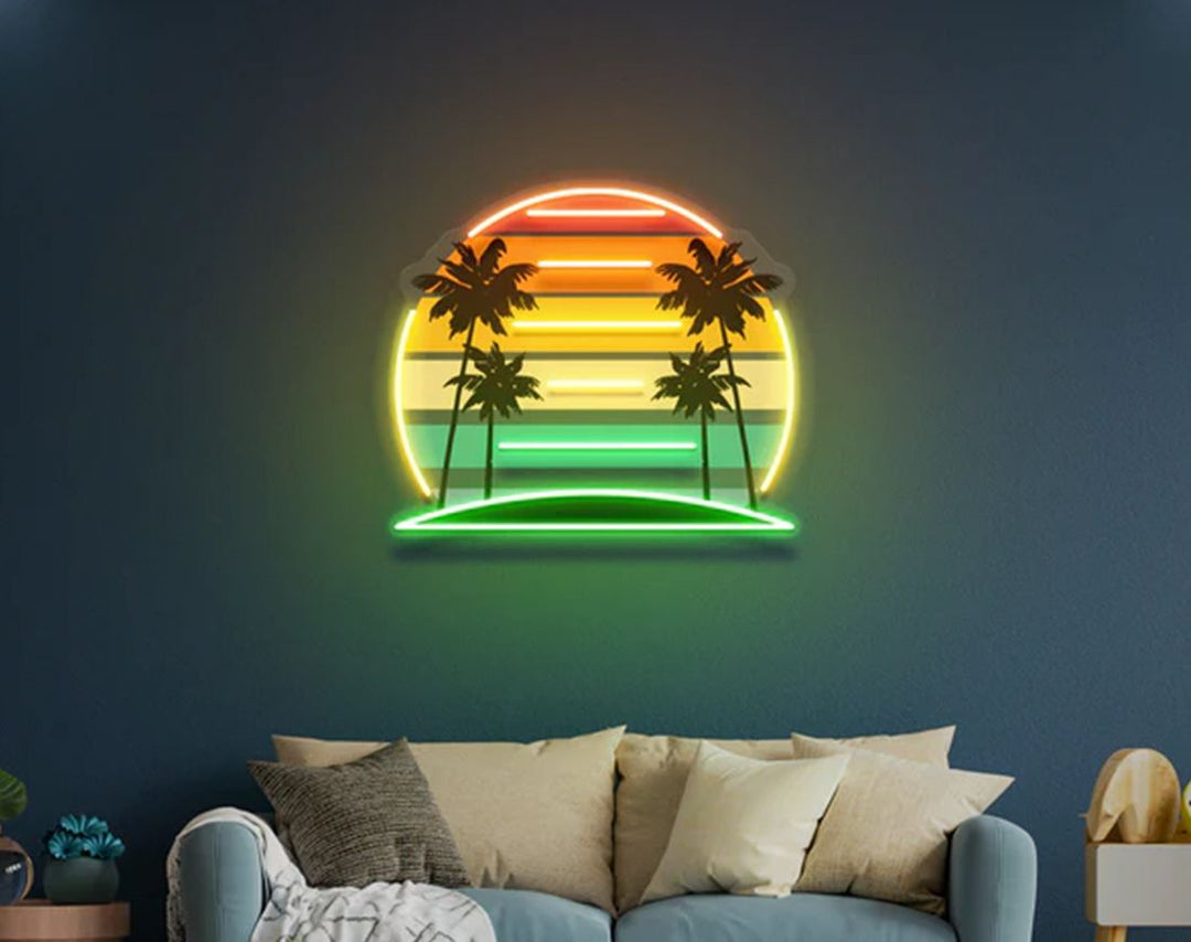 Tropical Retro Vintage Sunset Palm Tree LED Neon Sign by manhattanneons.com – Vacation vibes in glowing retro style.