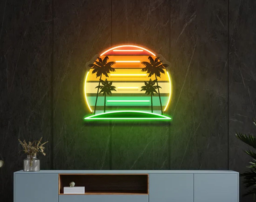 Tropical Retro Vintage Sunset Palm Tree LED Neon Sign by manhattanneons.com – Vacation vibes in glowing retro style.