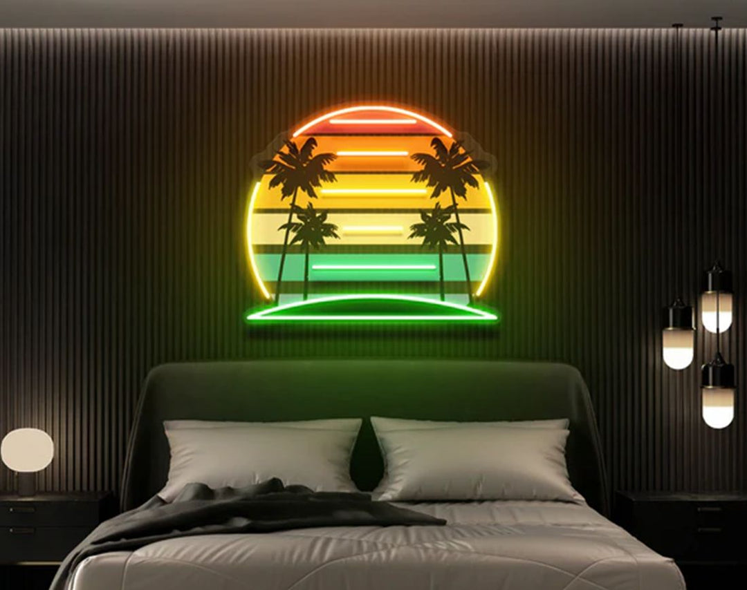 Tropical Retro Vintage Sunset Palm Tree LED Neon Sign by manhattanneons.com – Vacation vibes in glowing retro style.