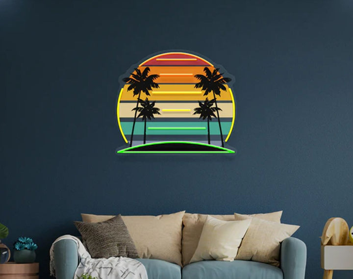 Tropical Retro Vintage Sunset Palm Tree LED Neon Sign by manhattanneons.com – Vacation vibes in glowing retro style.