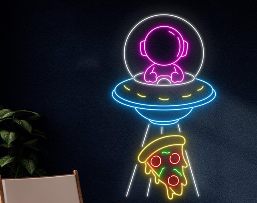 UFO Abduction Pizza LED Neon Sign by manhattanneons.com - Funny sci-fi and food neon combo.
