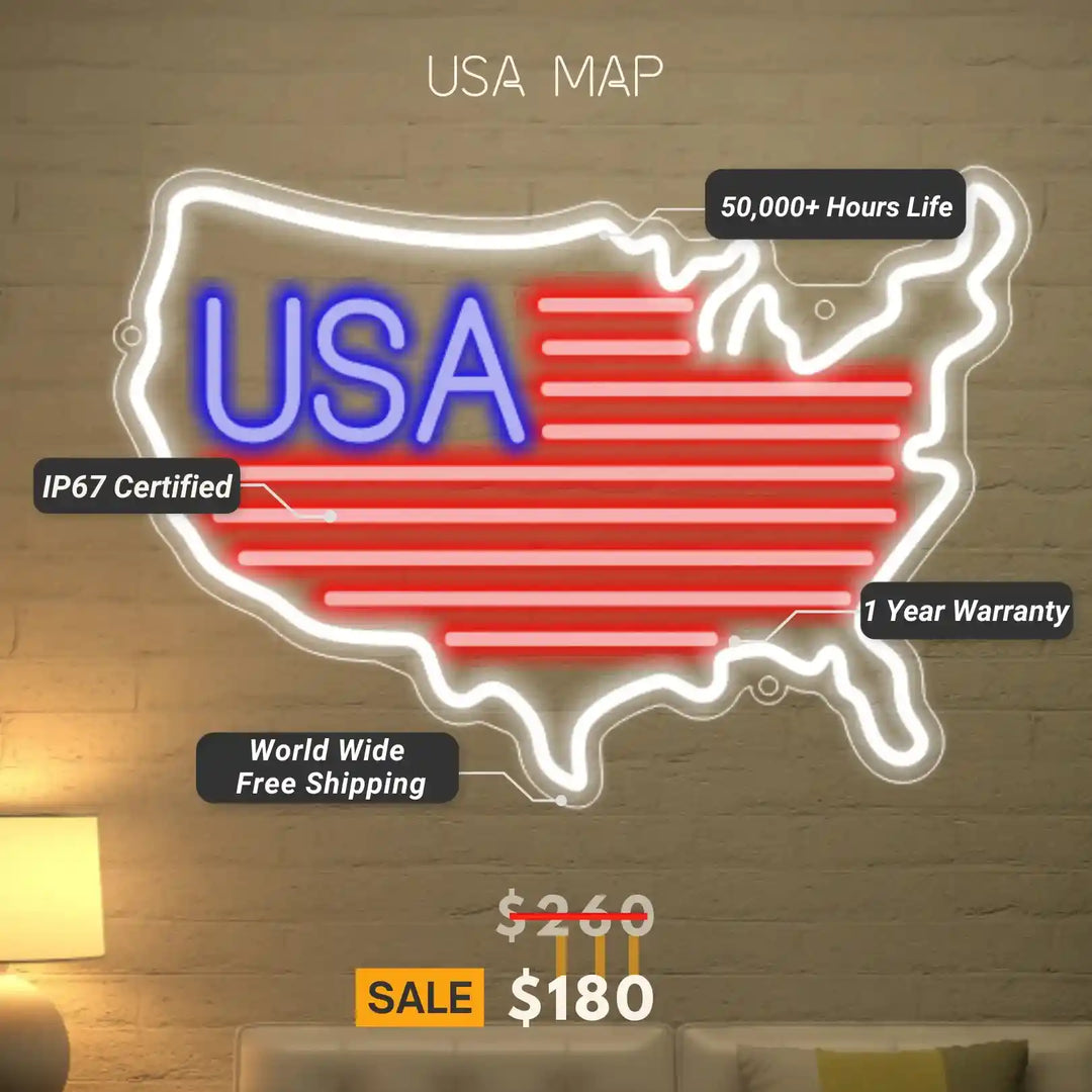 USA map neon sign - glowing states of America - from manhattonneons.com.