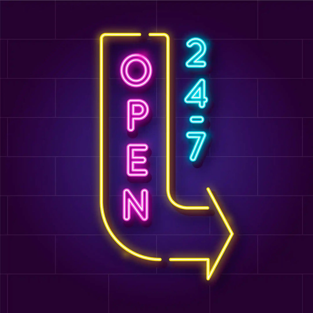 we are open neon 24/7 sign creative light custom design - from manhattonneons.com.