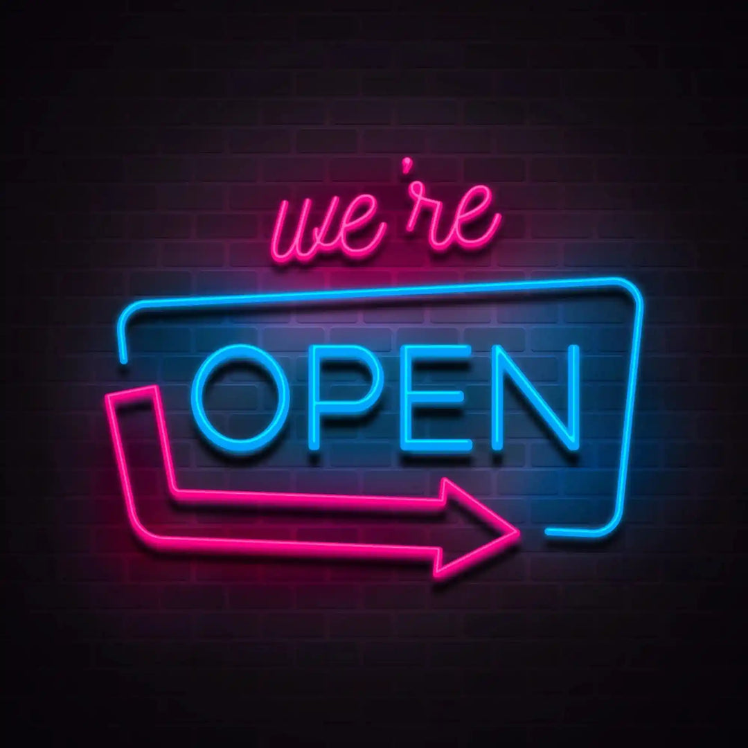 We Are Open Neon Sign - vibrant, glowing, inviting - from manhattonneons.com.