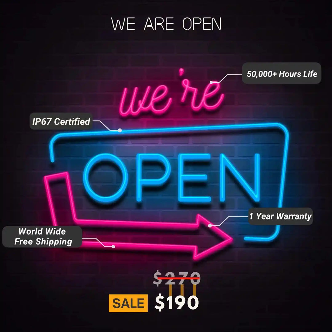 We Are Open Neon Sign - vibrant, glowing, inviting - from manhattonneons.com.