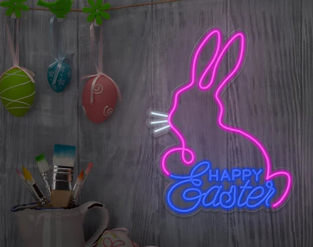 Happy Easter Bunny Neon Sign by manhattanneons.com – Celebrate Easter with this joyful glowing bunny.