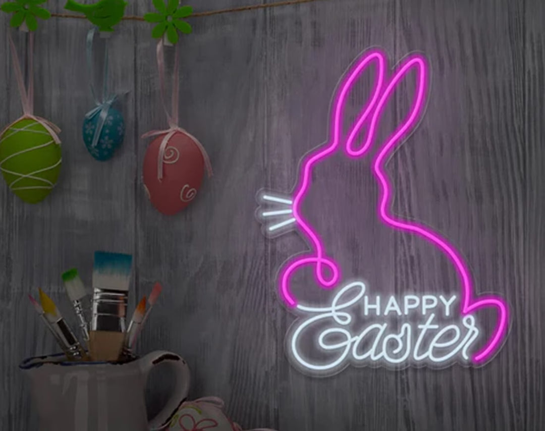 Happy Easter Bunny Neon Sign by manhattanneons.com – Celebrate Easter with this joyful glowing bunny.