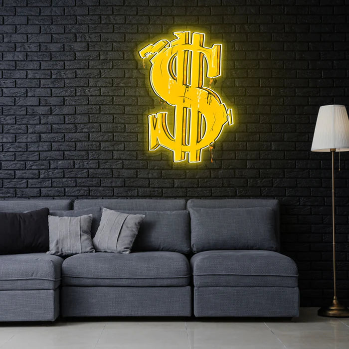 Dollar sign graffti UV Art LED Neon Sign in yellow colour by manhattanneons.com