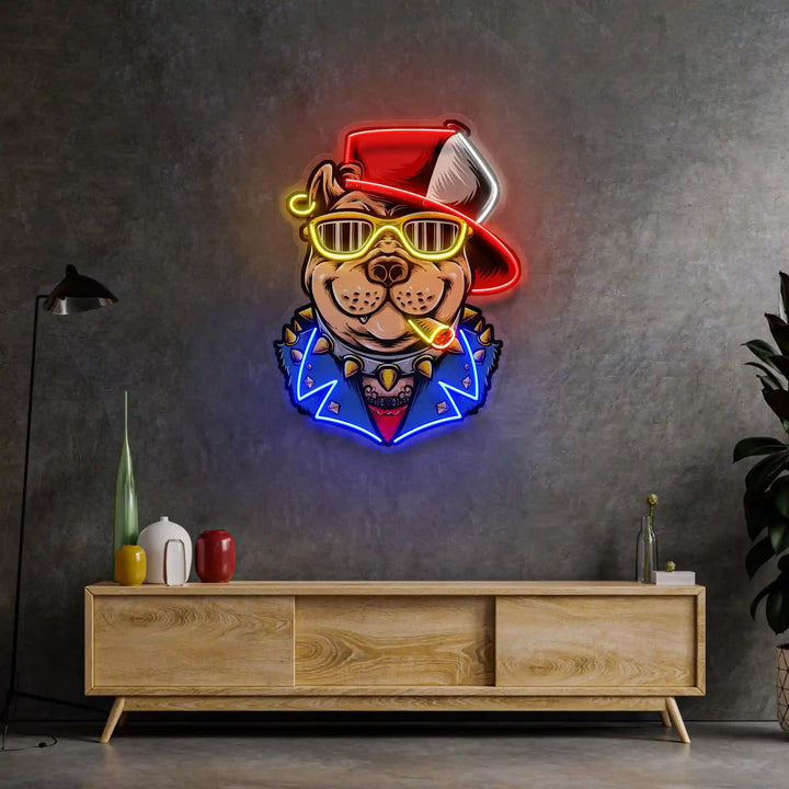 Ganster Dog UV Art LED Neon Sign in blue, yellow and red colour by manhattanneons.com