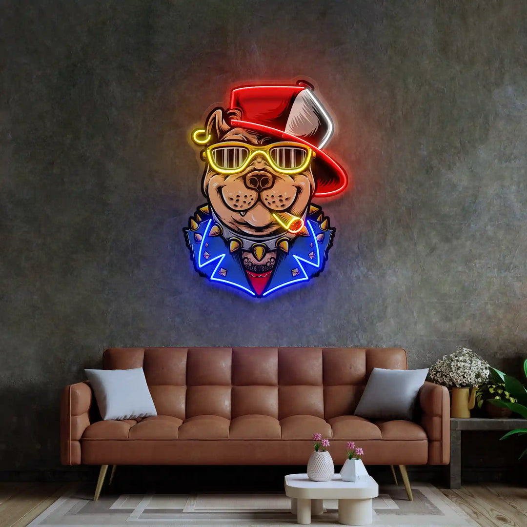 Ganster Dog UV Art LED Neon Sign in blue, yellow and red colour by manhattanneons.com