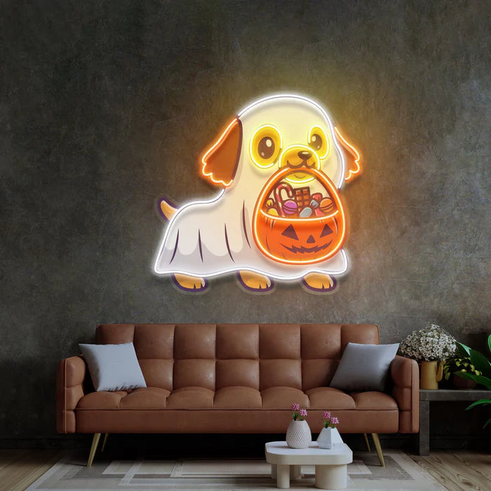 Unique Ghost Dog With Pumpkin UV Art Led Neon sign Light brings personality to your space. Explore more at manhattanneons.com