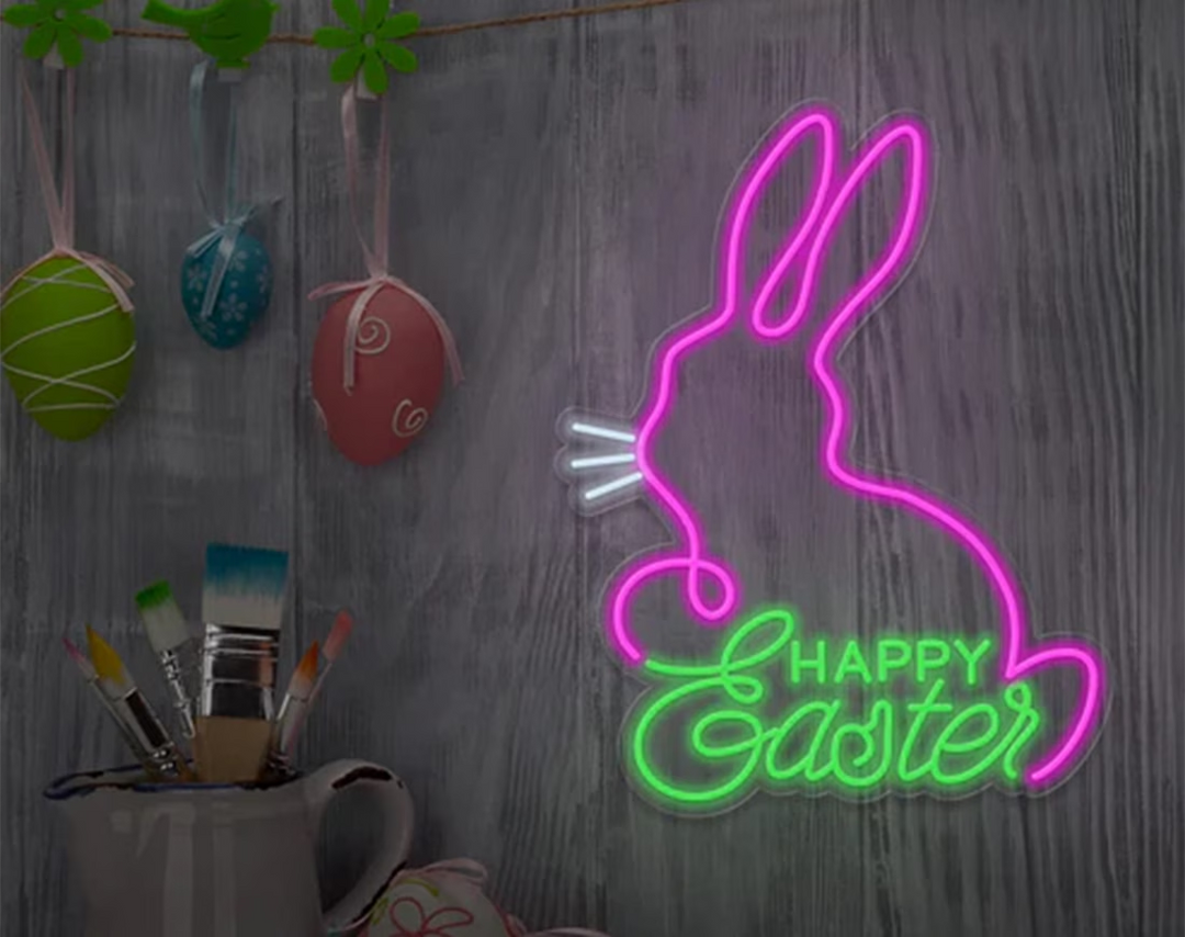 Happy Easter Bunny Neon Sign by manhattanneons.com – Celebrate Easter with this joyful glowing bunny.