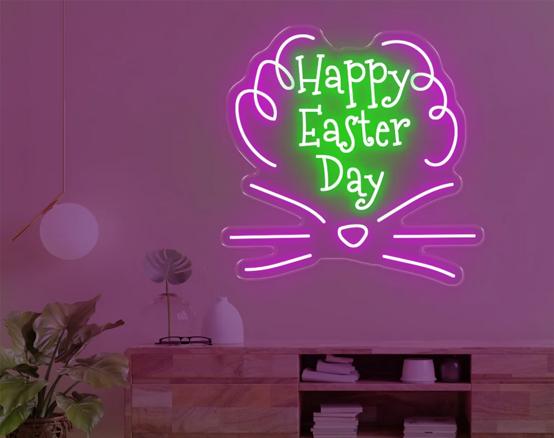 Happy Easter Day Bunny Face Neon Sign by manhattanneons.com – A joyful Easter neon sign.