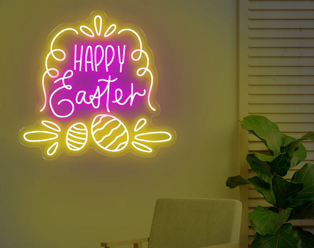 Happy Easter with Eggs Neon Sign by manhattanneons.com – A festive glow to brighten your Easter.