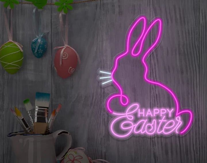 Happy Easter Bunny Neon Sign by manhattanneons.com – Celebrate Easter with this joyful glowing bunny.