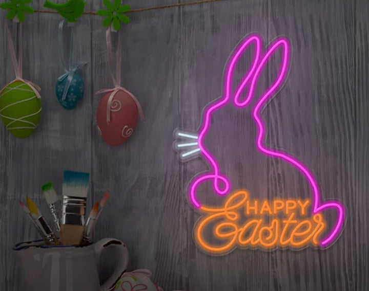 Happy Easter Bunny Neon Sign by manhattanneons.com – Celebrate Easter with this joyful glowing bunny.