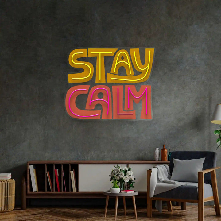 Stay Calm UV Art LED Neon Sign in pink and yellow colour by manhattanneons.com