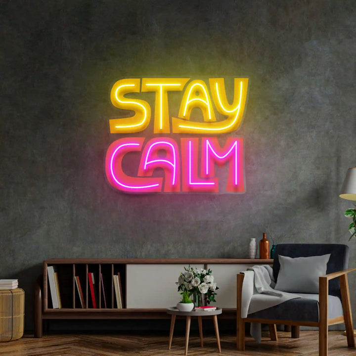 Stay Calm UV Art LED Neon Sign in pink and yellow colour by manhattanneons.com