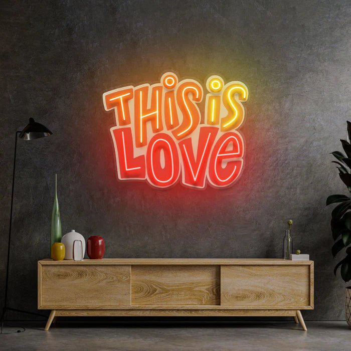 This Is Love UV Art LED Neon Sign in red, orange and yellow colour by manhattanneons.com