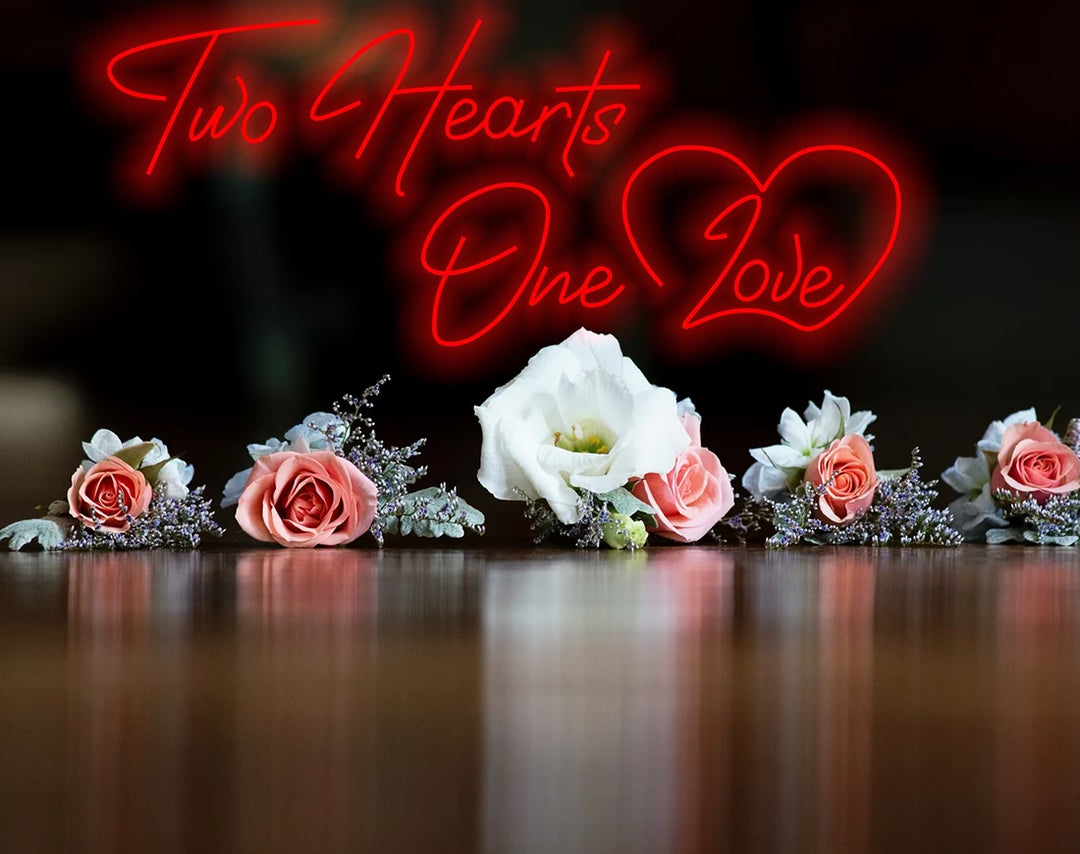 Two Hearts One Love Valentine's Day Neon Sign by manhattanneons.com – A stunning neon representation of unity and love.