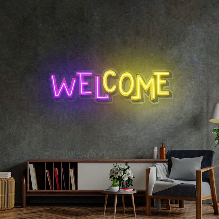 Welcome UV Art LED Neon Sign in purple and yellow colour by manhattanneons.com