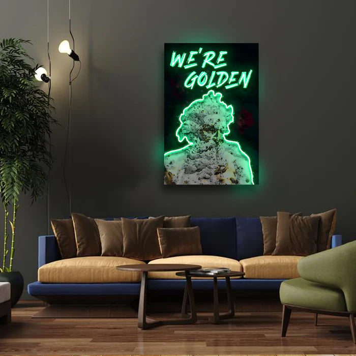 We're Golden UV Art LED Neon Sign in golden colour by manhattanneons.com