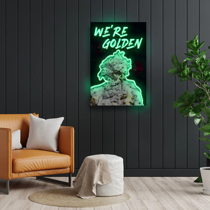 We're Golden UV Art LED Neon Sign in golden colour by manhattanneons.com