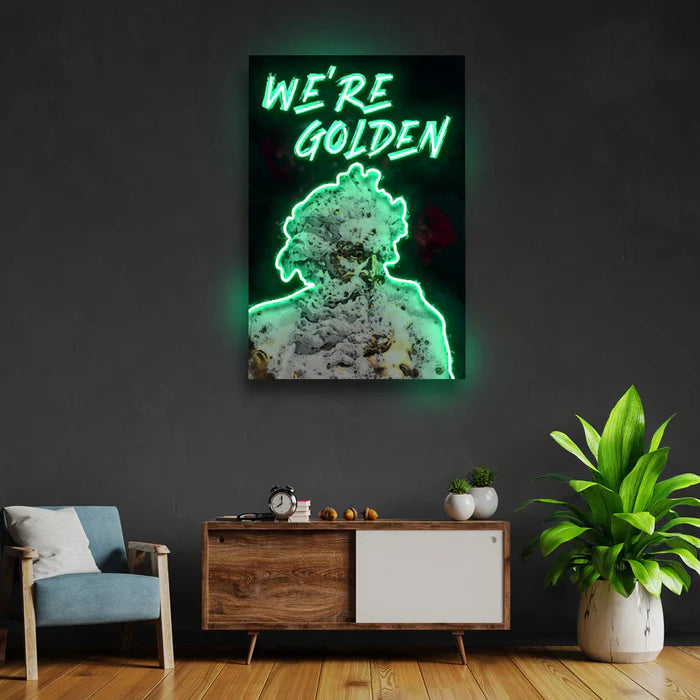 We're Golden UV Art LED Neon Sign in golden colour by manhattanneons.com